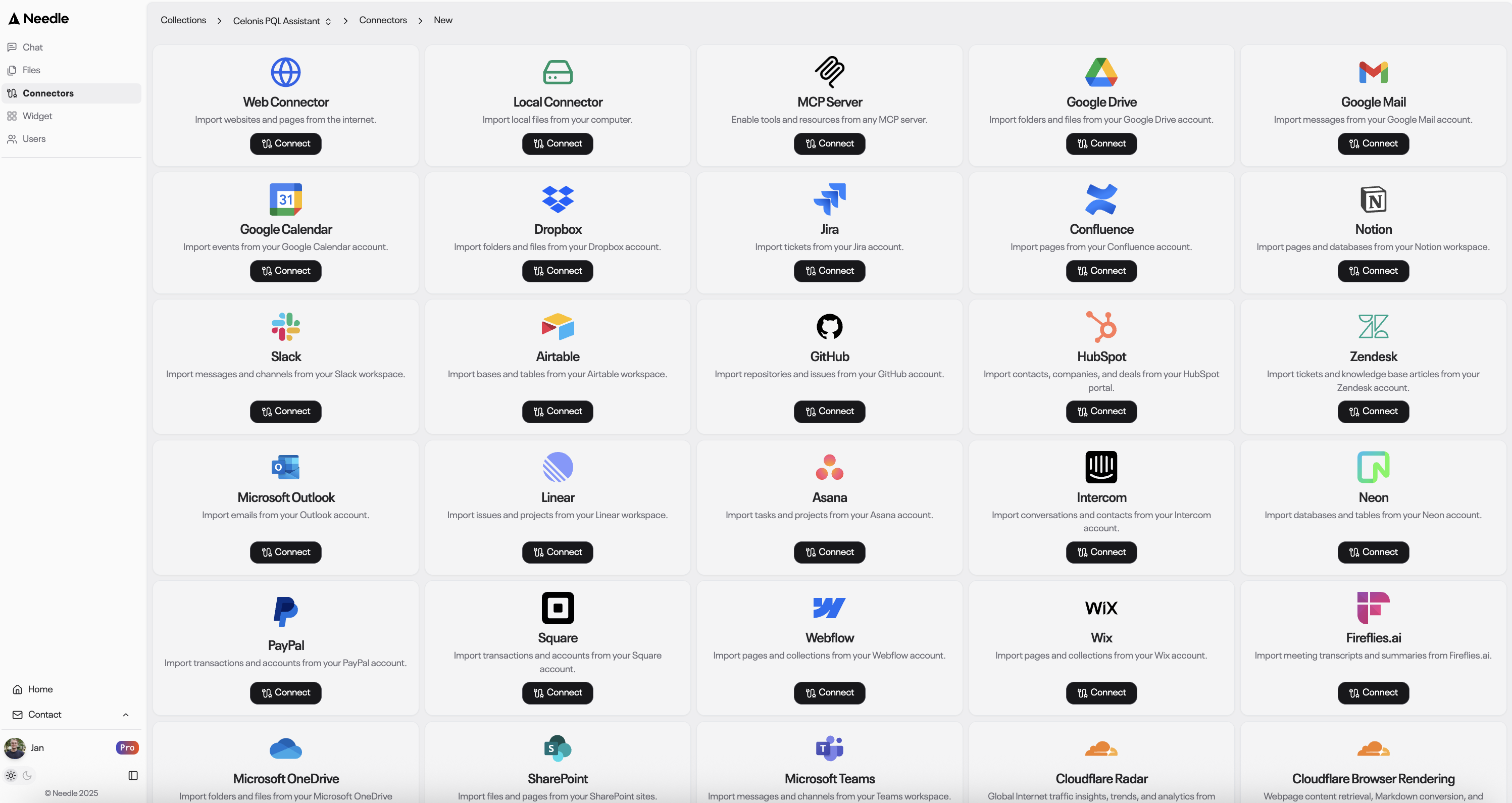 Needle Connectors Page showing available data sources